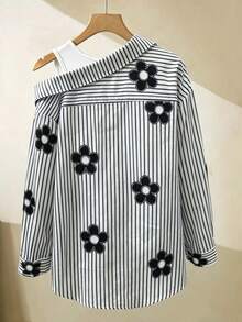 SHEIN 1 pieza Camisa de manga larga a rayas verticales 2 en 1 con hombros oblicuos y cuello para adolescentes, adecuada para uso casual y laboral, primavera/verano - Negro - Ver 2