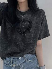FRIFUL Áo thun ngắn tay nữ kiểu dáng thường ngày, viền bèo hình trái tim, thích hợp cho mùa hè. - màu đen - Xem 11