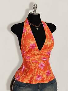 SHEIN ICON Y2K風格夏季女款性感度假海灘穿搭碎花細肩帶綁帶休閒百搭日常穿著上衣 - 橘色 - 查看 9