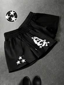 Manfinity Roghcode Men's Letter & Pentagram Embossed Drawstring Waist Pocket Shorts - Black - View 4
