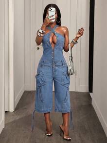 BamGleam Women's Sleeveless Hollow-Out Fashionable Denim Jumpsuit, Summer - Light Wash - View 6