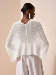 Zivah Sexy Shawl Versatile Knit Poncho Shawl, Spaghetti Strap Vacation Style V-Neck Asymmetric Shoulder Design Top - White - View 2