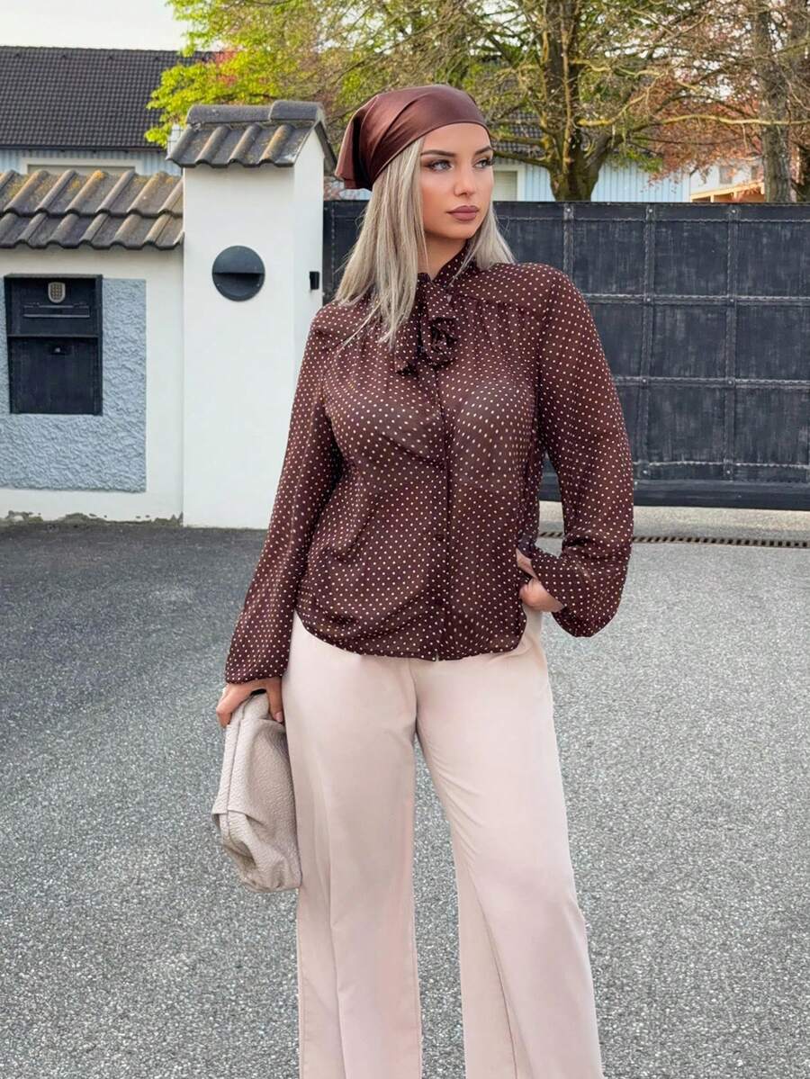 Jeta Ari Classic Retro Polka Dot Tie Front Semi-Sheer Blouse, French Style Elegant Business Casual Women Summer - Coffee Brown - View 1
