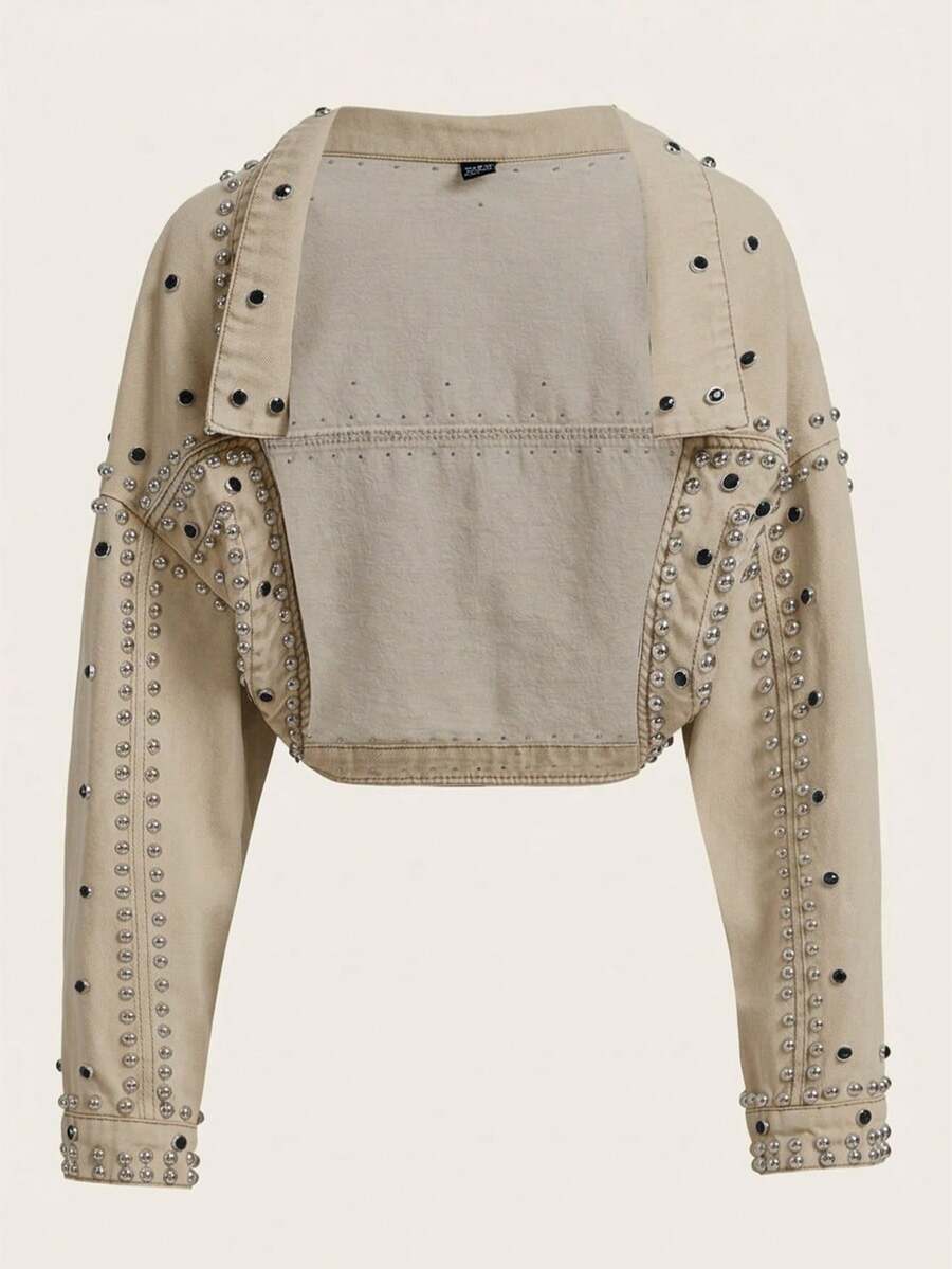 EMERY ROSE Chaqueta vaquera de mujer con decoración de remaches, de un solo botonadura, casual y versátil para uso diario - Caqui - Ver 1