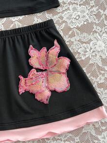 Flirla Conjunto de top camisola con decoración floral de lentejuelas minimalista Y2K + falda de cintura baja, estilo retro de vacaciones para mujer - Negro - Ver 4