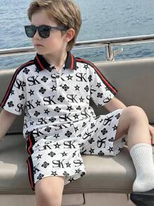 SHEIN 2pcs/Set Tween Boy Casual Contrast Color Block Polo Shirt And Shorts Set, Suitable For School, Commute, Daily Casual, Sports, Spring/Summer - White - View 4