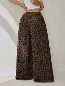 SHEIN PETITE Women's Casual Leopard Print Drawstring Waist Loose Pants - Brown - View 8