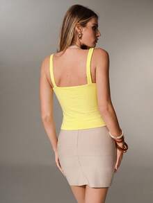 Nuvra Women's Double-Layer Ruched Bust Crop Top With Square Neck, Sleeveless Camisole Bodycon Waist Shaper - Light Yellow - View 2