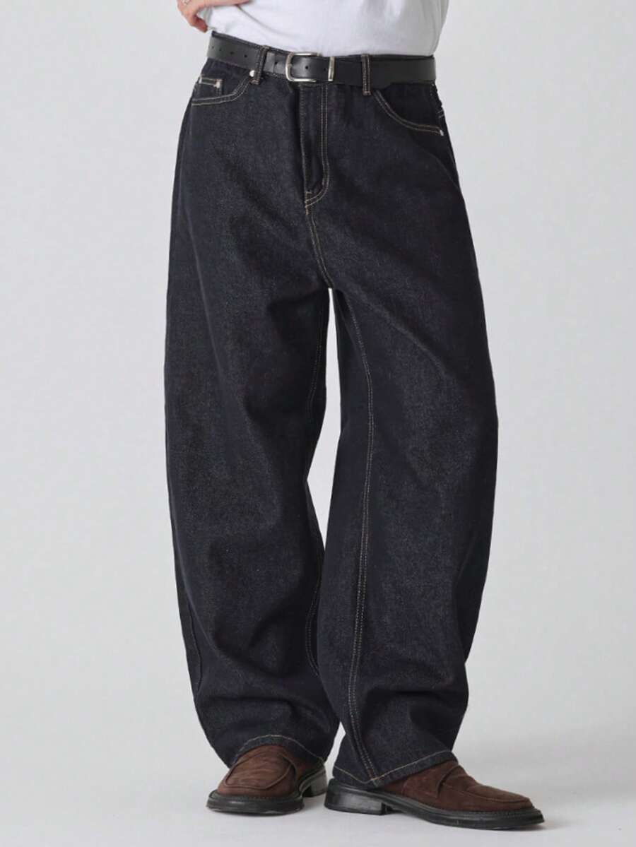 DAZY Quần jeans nam ống đứng dài màu xanh hải quân rách rưới - Màu xanh lam - Xem 1