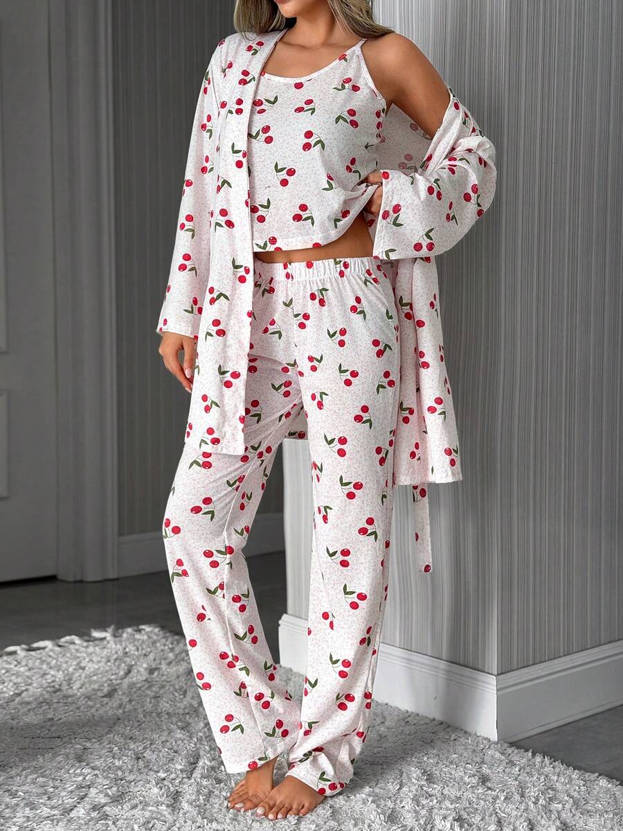 SHEIN Cottnline Cotton 3 Pcs Cute CHERRY Pattern Homewear Pajama Set - Putih - View 1