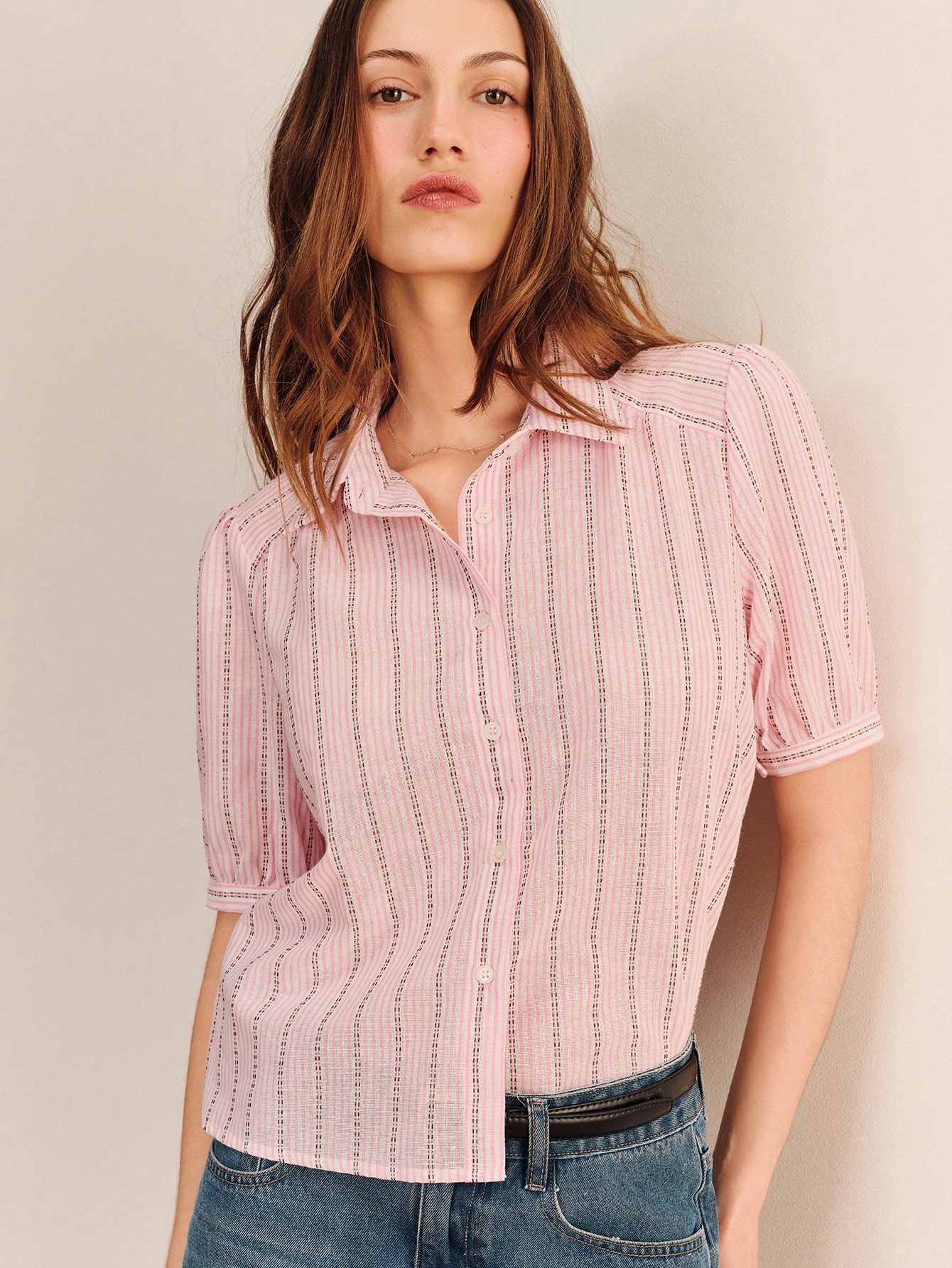 Relaxed Pink Striped Shirt With Short Gathered Sleeves And Buttoned Placket