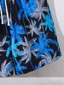 SHEIN Bộ đồ 2 món cho bé trai và thiếu niên, áo thun và quần short thể thao màu xanh dương in hình cây cọ và có túi, trang phục nhiệt đới cho bé trai, bộ đồ mùa hè cho bé trai, quần áo đi biển cho bé trai. - Nhiều màu - Xem 7