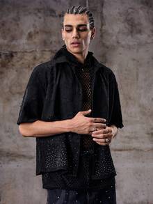 Skyrend Men's Casual Fashion Summer Vacation Jacquard Rhinestone Dropped Shoulder Loose Black Shirtemo - Black - View 6