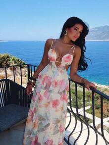 Aloruh Vestido de vacaciones con estampado floral para mujer, vestido elegante con volantes y recortes sexy - Rosa - Ver 7