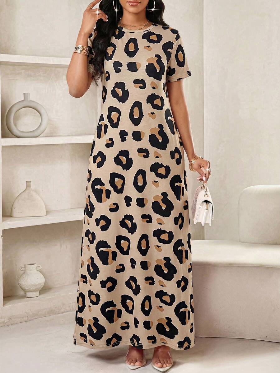SHEIN Lady Vestido largo de estampado de leopardo de estilo casual, nueva de primavera - Albaricoque - Ver 1