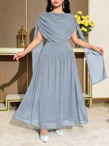 Modelyn Robe mi-longue élégante pour femmes avec encolure drapée froncée et taille cintrée, pour l'été - Bleu ciel - Voir 5