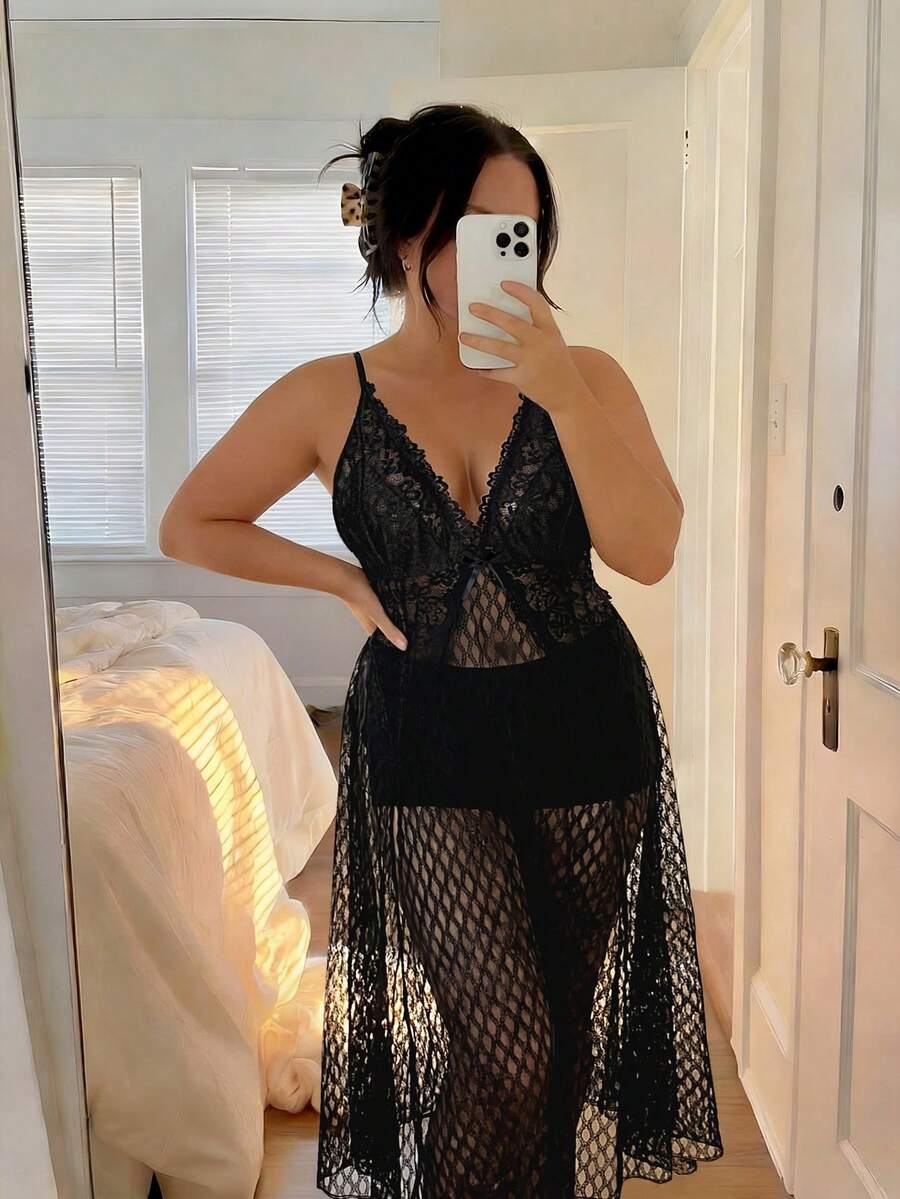Auralis Camicia da notte in rete trasparente con decorazione a losanghe e gemme, sexy, taglie forti per donne - nero - Visualizzare 1