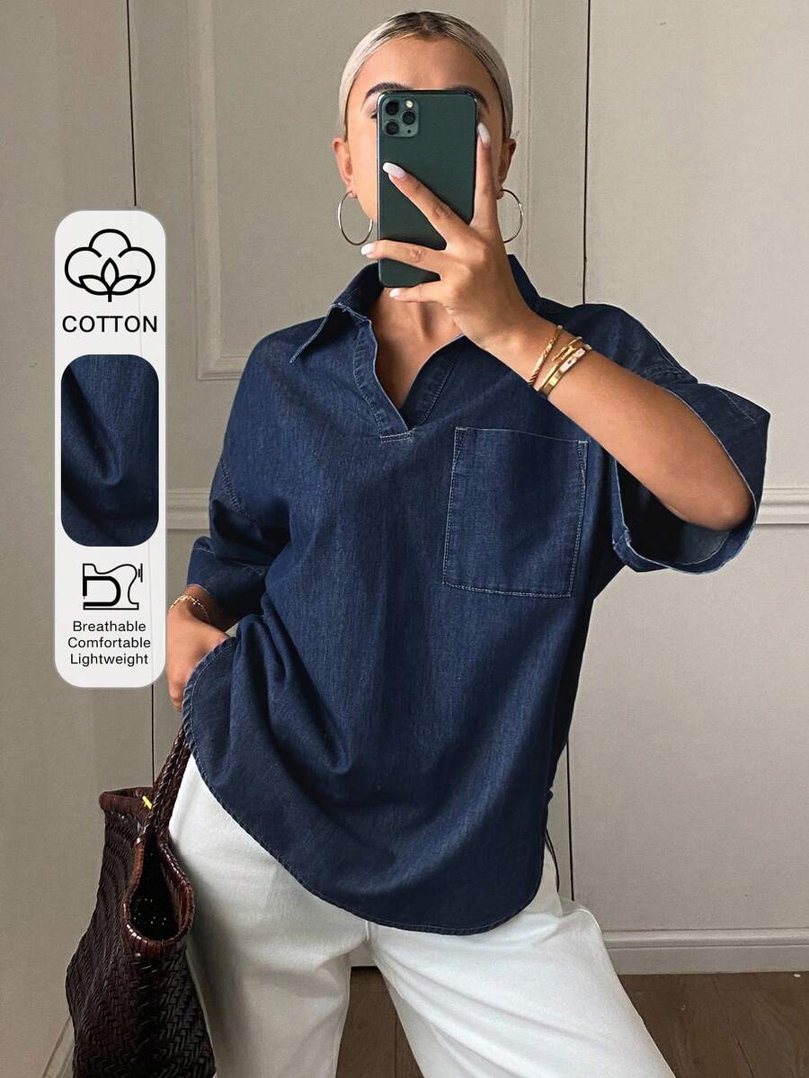 DAZY 女士自然色宽松休闲牛仔衬衫,秋夏季新品 - 藍色 - 查看 1