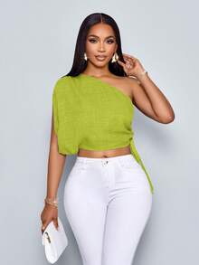 Women's Solid Color Asymmetrical Shoulder Batwing Sleeve Cropped Shirt - Blue - View 5
