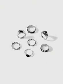 ROMWE Goth Bộ nhẫn hình học phong cách retro cá tính, lấy cảm hứng từ bài poker và tình yêu, gồm bảy chiếc. - Màu Bạc Cổ - Xem 3