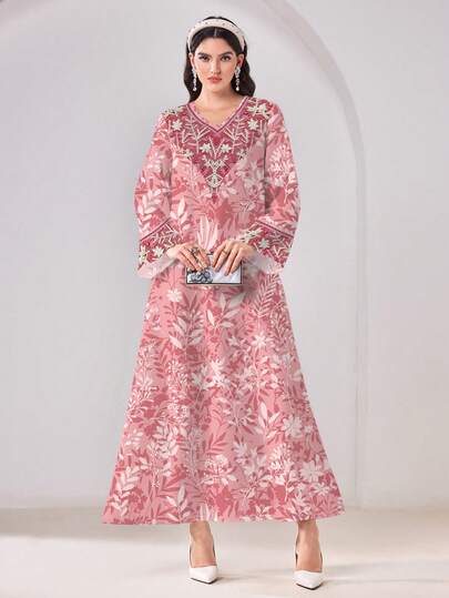 Al Najma 女士优雅休闲印花阿拉伯风格晚礼服