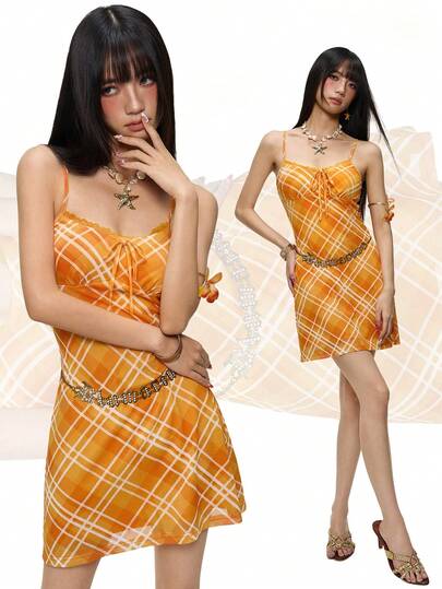 Rina Fox Đầm hai dây kẻ caro tối giản dành cho nữ
