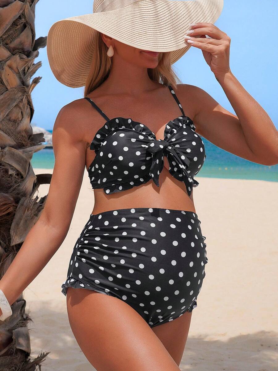 SHEIN 2026 Women's Polka Dot Maternity Swimwear Set,High Waist Retro Halter Tropical Sweet Boho Style,Summer Beach Holiday Pool Party Cruise Vacation,Black - Multicolor - View 1