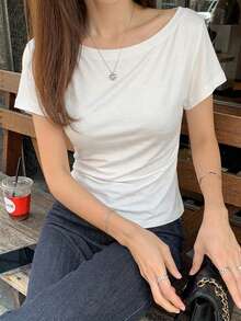 DAZY 女士时尚简约纯色修身T恤 夏季 - 白色 - 查看 4
