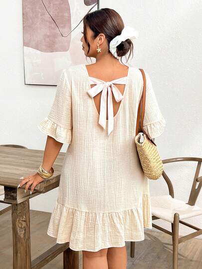 Lounesse Vestido casual de mujer talla grande con diseño de lazo en la espalda, tela texturizada