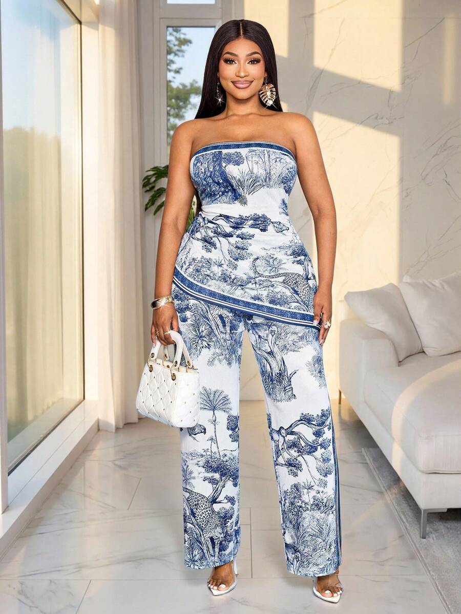 大码女装时尚热带风情法式庄园印花无肩带无袖不规则褶皱修身优雅性感侧开衩吊带背心和阔腿裤两件套。收腰设计显瘦又时尚。完美适用于海滩度假、春夏出行，增添一丝奢华复古气息，百搭且适合各种身材。复古热带植物主题吊带背心和阔腿裤套装，蓝白动物纹印花休闲套装。 - 藏蓝色 - 查看 1