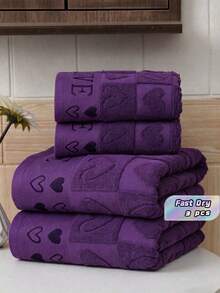3 bucăți de prosop de baie/sau material pentru prosoape de baie din bumbac pur, model Jacquard cu motive inimioare (subțiri și ușoare), 100% bumbac, nu sunt groase, ușoare pentru călătorii de afaceri, cadouri pentru cupluri, uz casnic, complet absorbante, alegeți dimensiunea preferată cu ajutorul tabelului de mărimi de referință, potrivite pentru nunți, petreceri și decorațiuni interioare. - Violet - Vizualizare 2