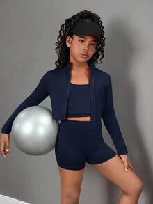 SHEIN Girlism Tween Girl 3 Pieces Set: Long Sleeve Mock Neck Zip-Up Top, Camisole, And Leggings - Navy Blue - View 5