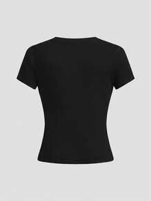 SHEIN Girlism Bộ đồ 3 món dáng ôm thoải mái, cổ tròn, tay dài cho bé gái tuổi teen, màu đen. - màu đen - Xem 4