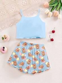 Cute Cartoon Capybara Pattern,Cream Blue,Tween Girl Casual Minimalist Fitted Camisole Top And Shorts Loungewear Set,Suitable For Summer,Chill - Multicolor - View 2