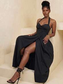 BamGleam Women's Solid Color Bow Decor Halter Neck Dress - Black - View 3