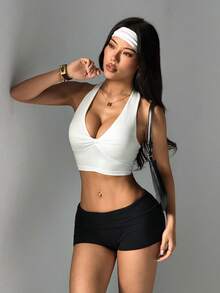 SHEIN Dewbera Áo tank top nữ cổ chữ V thắt nút xoắn, kiểu dáng năng động, thích hợp cho mùa xuân/hè. - trắng - Xem 3