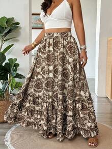 Vionelle Plus Size Women's Spring/Summer Floral Print Ruffle Hem Skirt - Brown - View 3