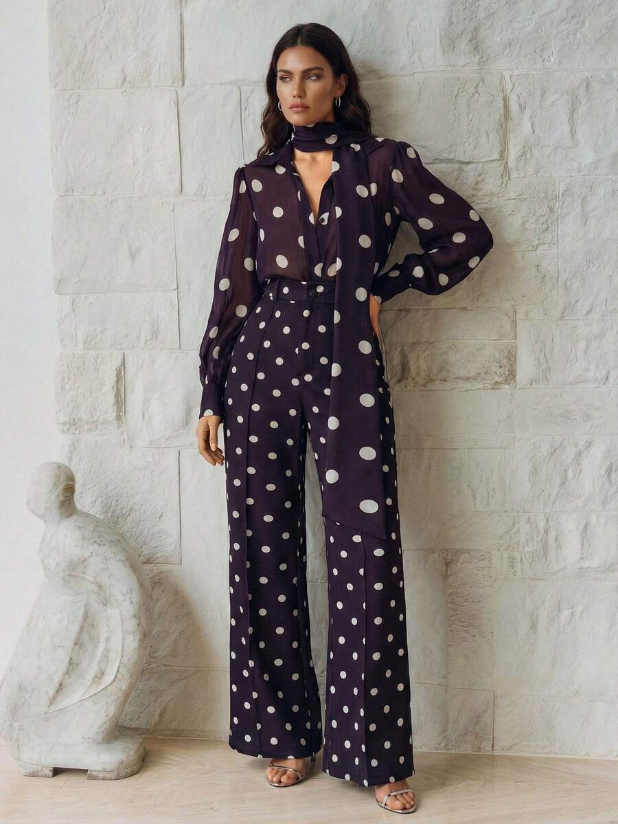 Anewsta 2pcs Women's Polka Dot Shirt + Wide Leg Pants Set, Elegant And Versatile Fashion Design - Purple - View 1