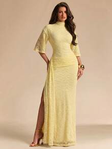 SHEIN BAE Đầm nữ màu vàng tay ngắn cổ cao khoét eo buộc dây bên hông, đầm vàng, đầm thanh lịch, đầm đi nghỉ mát, đầm phù dâu, đầm dự tiệc sinh nhật, đầm đi học/tốt nghiệp. - Màu vàng - Xem 5