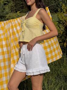 MainGRL Women's Cute White Summer Beach Picnic Holiday Woven Embroidered Frill Trim Shorts, 2026 SS New Elegant Vacation Casual Low Waist Travel Daily Wear - White - View 6