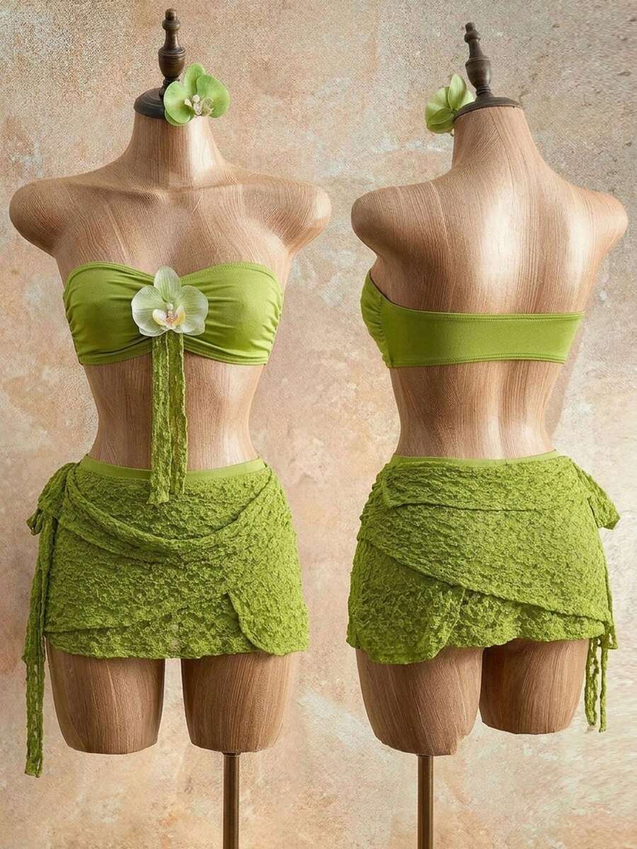BamGleam Bộ đồ đi nghỉ mát màu xanh bơ thanh lịch, áo corset ren họa tiết hoa 3D và chân váy mini quấn quanh người, trang phục đi biển/chụp ảnh. - màu xanh lá - Xem 1