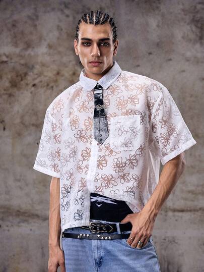 Skyrend Men's Summer Fashionable Street-Style Semi-Sheer Laser Cut Mesh Short Sleeve Open Front Shirt, Suitable For Vacation, Travel, And Outdoor Wear