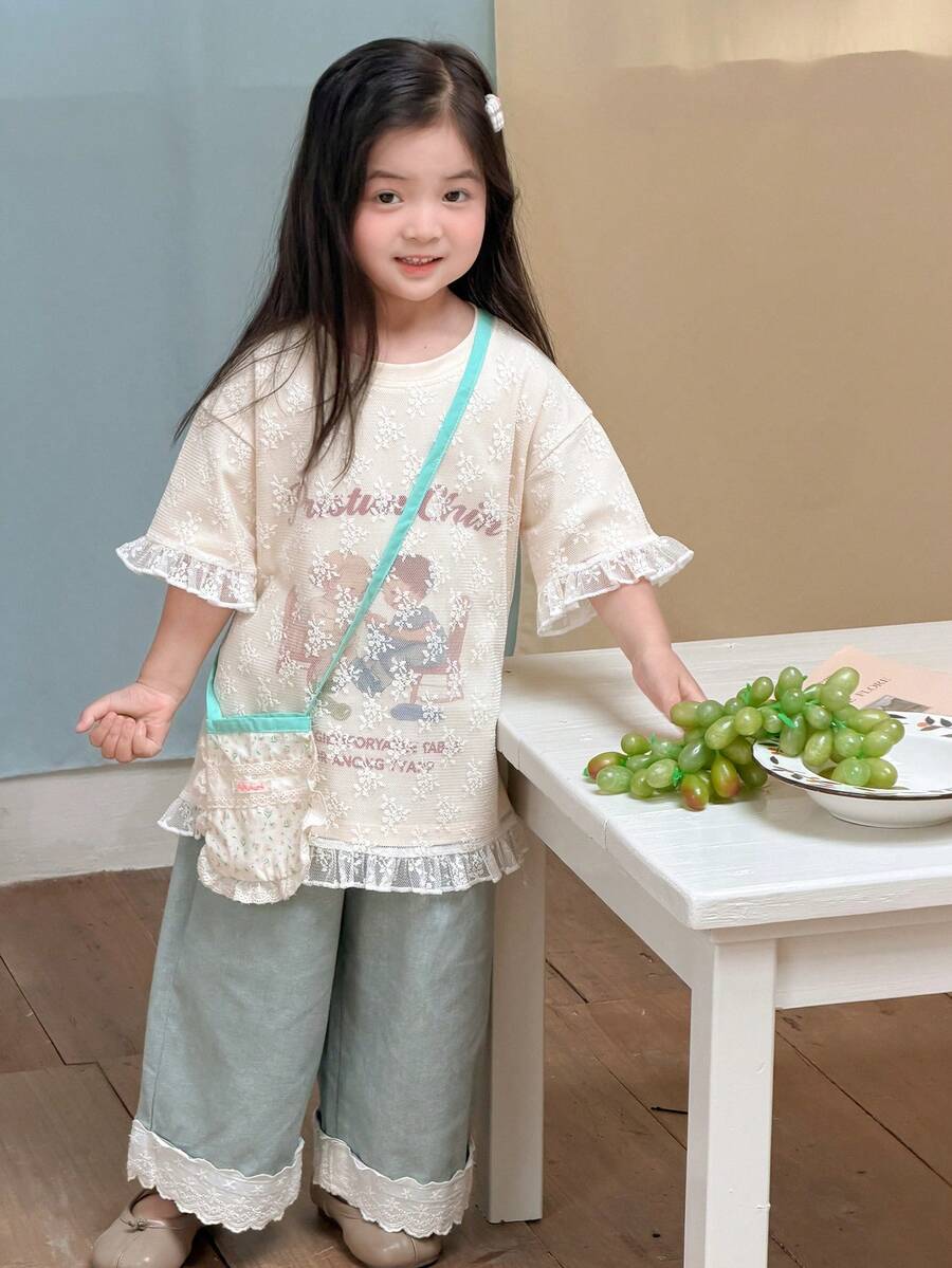 Dazy Kids 蕾丝拼接宽松女童（小号）T恤 - 米色 - 查看 1