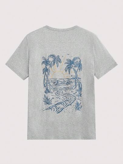 Open Phase Coastal Men's Vacation Style Island Element Printed Short Sleeve T-Shirt, Suitable For Summer Wear, Comfortable & Breathable, Leading Fashion