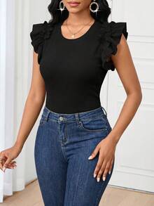 SHEIN Lady Áo thun tay ngắn màu trơn thường ngày mùa hè cho nữ - màu đen - Xem 3