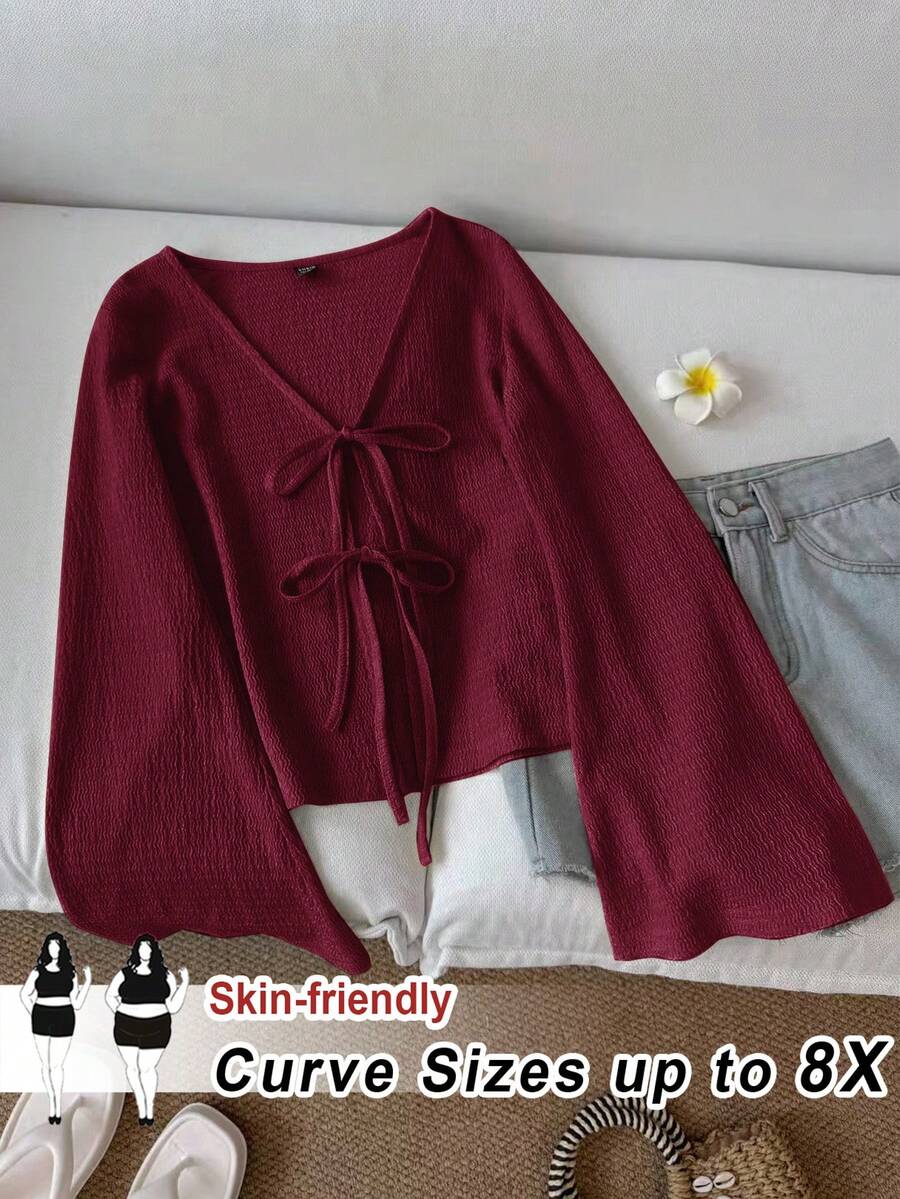 SHEIN CURVE+ 大码女式休闲系带喇叭袖上衣 - 酒紅色 - 查看 1