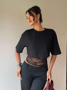 SHEIN PETITE CURVE 大码二合一设计女式蕾丝拼接短袖T恤，Y2K风格夏季休闲上衣黑色蕾丝上衣透视上衣蕾丝上衣黑色透视上衣黑色网纱上衣 - 黑色 - 查看 5