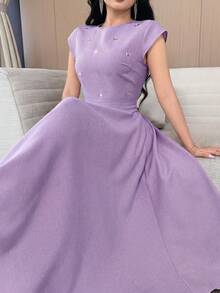 Feyla Women's Round Neck Cap Sleeve Asymmetric Hem Elegant Dress - Purple - View 3