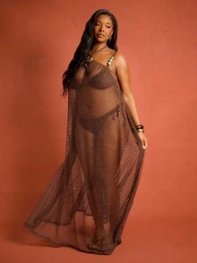 FASHION SZN Plus Size Halter Neck Trim Detail Crochet Maxi Beach Vacation Cover Up Summer Dress Bachelorette Hen Party Elegant Sexy Boho Ibiza Travel Galm - Brown - View 3