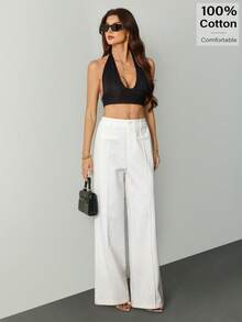 SHEIN Tall Hoch taillierte weite Sommerhose aus 100% Baumwolle, weiß, lässig, für große Frauen - Weiss - Übersicht 4